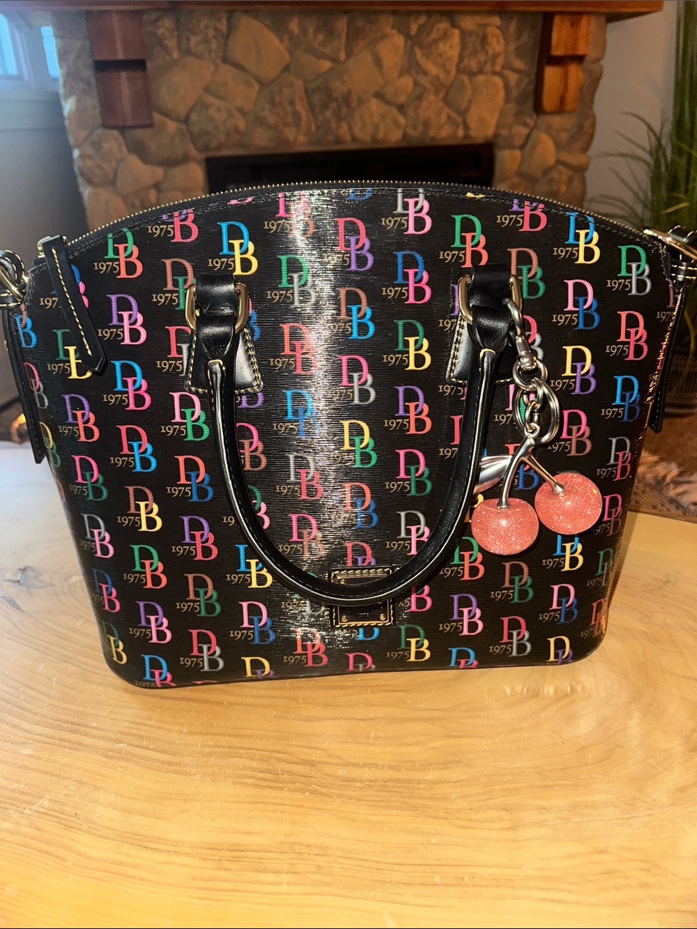 Dooney & Bourke Black Multi-Color Logo Tote with Pink Cherry Charm